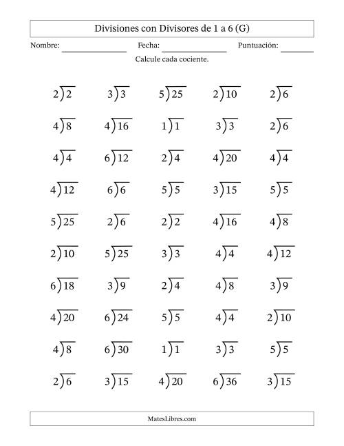 La hoja de ejercicios de Divisiones básicas con divisores y cocientes entre 1 y 6 con símbolo/galera de división larga (50 preguntas) (G)