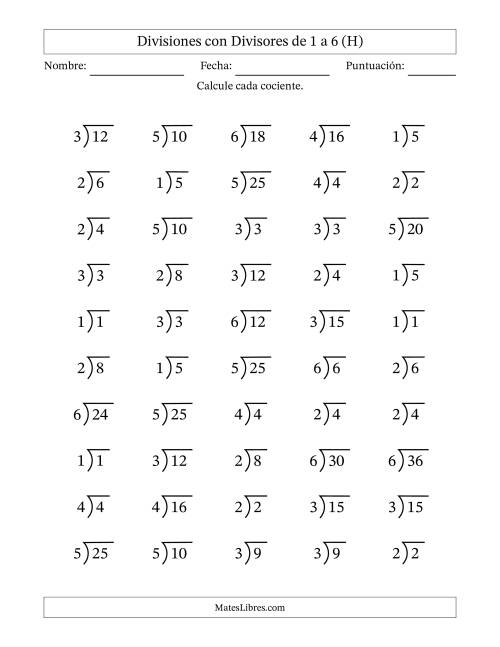 La hoja de ejercicios de Divisiones básicas con divisores y cocientes entre 1 y 6 con símbolo/galera de división larga (50 preguntas) (H)