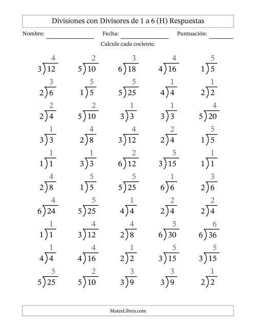 La hoja de ejercicios de Divisiones básicas con divisores y cocientes entre 1 y 6 con símbolo/galera de división larga (50 preguntas) (H) Página 2
