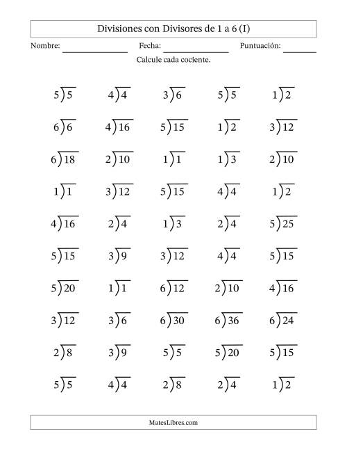 La hoja de ejercicios de Divisiones básicas con divisores y cocientes entre 1 y 6 con símbolo/galera de división larga (50 preguntas) (I)