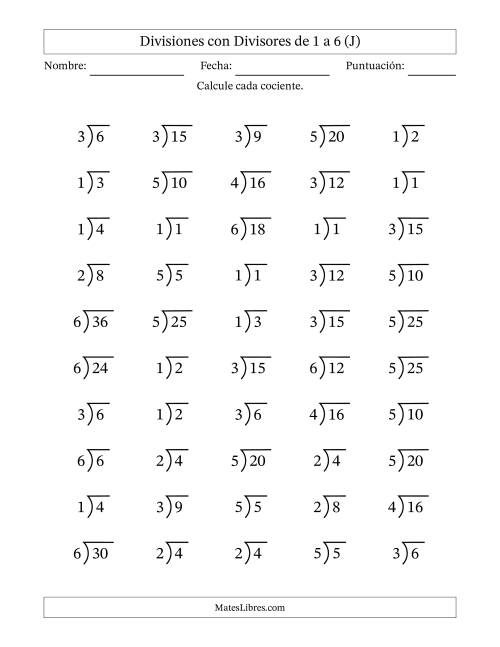 La hoja de ejercicios de Divisiones básicas con divisores y cocientes entre 1 y 6 con símbolo/galera de división larga (50 preguntas) (J)