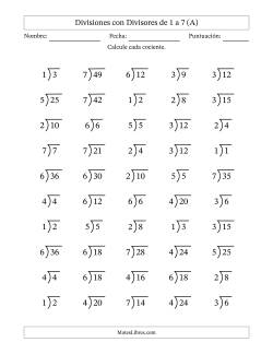 Divisiones básicas con divisores y cocientes entre 1 y 7 con símbolo/galera de división larga (50 preguntas)