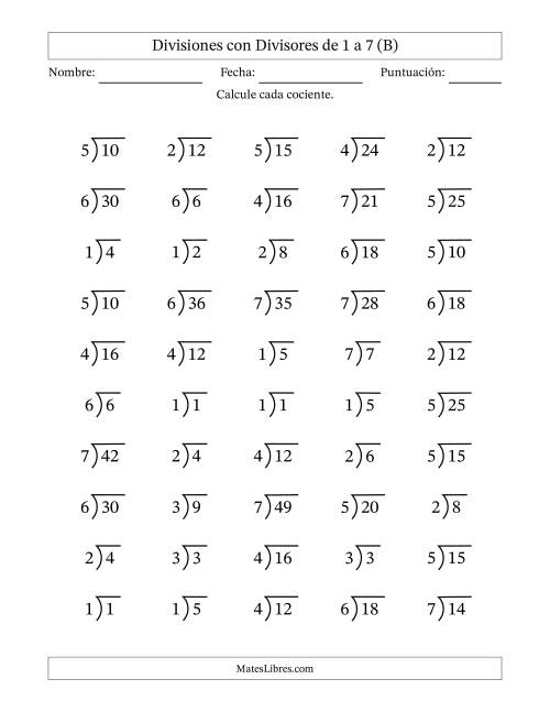 La hoja de ejercicios de Divisiones básicas con divisores y cocientes entre 1 y 7 con símbolo/galera de división larga (50 preguntas) (B)