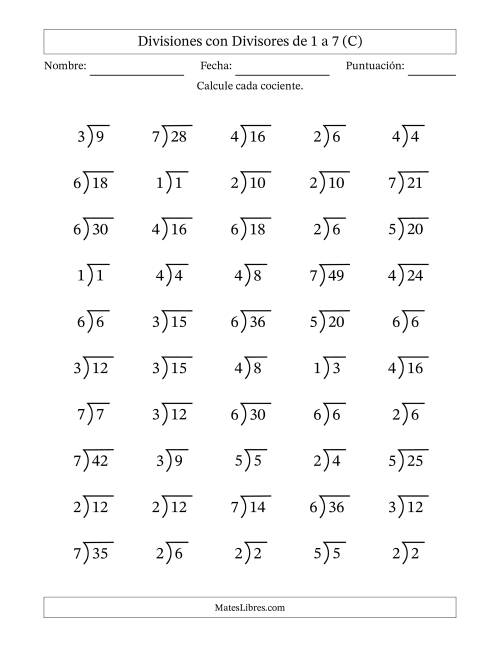 La hoja de ejercicios de Divisiones básicas con divisores y cocientes entre 1 y 7 con símbolo/galera de división larga (50 preguntas) (C)