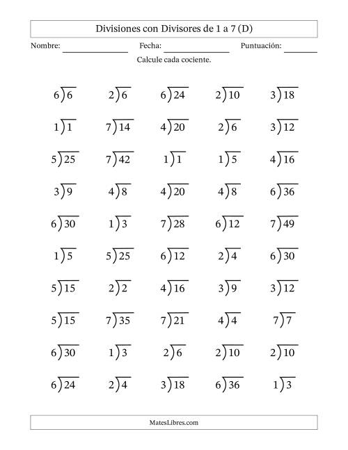La hoja de ejercicios de Divisiones básicas con divisores y cocientes entre 1 y 7 con símbolo/galera de división larga (50 preguntas) (D)