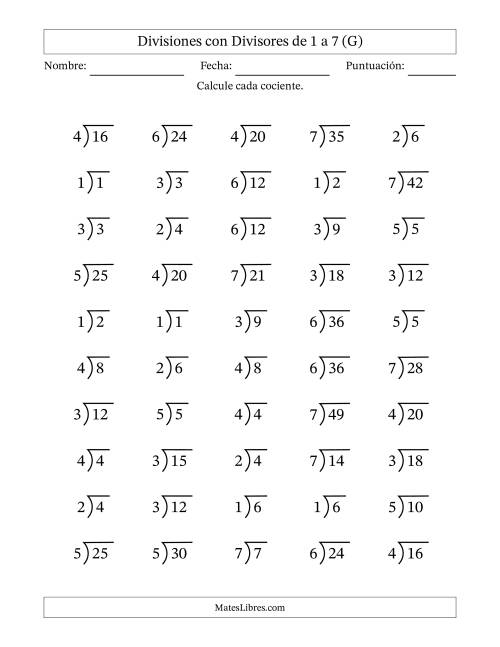 La hoja de ejercicios de Divisiones básicas con divisores y cocientes entre 1 y 7 con símbolo/galera de división larga (50 preguntas) (G)