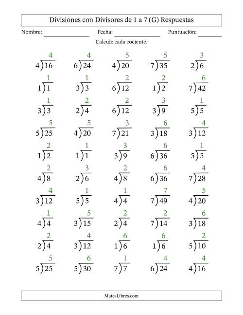 La hoja de ejercicios de Divisiones básicas con divisores y cocientes entre 1 y 7 con símbolo/galera de división larga (50 preguntas) (G) Página 2