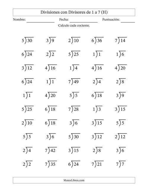 La hoja de ejercicios de Divisiones básicas con divisores y cocientes entre 1 y 7 con símbolo/galera de división larga (50 preguntas) (H)