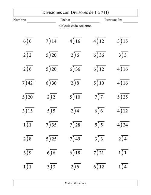 La hoja de ejercicios de Divisiones básicas con divisores y cocientes entre 1 y 7 con símbolo/galera de división larga (50 preguntas) (I)