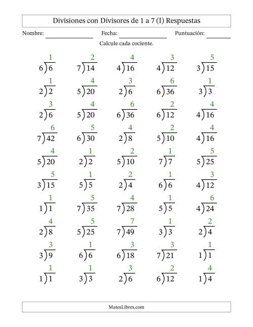 La hoja de ejercicios de Divisiones básicas con divisores y cocientes entre 1 y 7 con símbolo/galera de división larga (50 preguntas) (I) Página 2