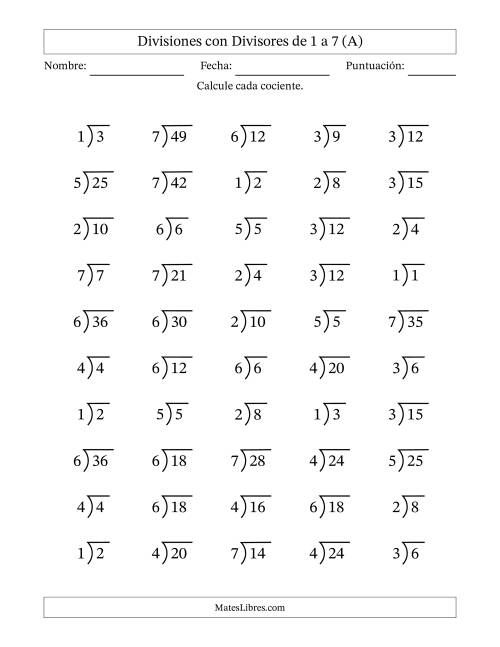 La hoja de ejercicios de Divisiones básicas con divisores y cocientes entre 1 y 7 con símbolo/galera de división larga (50 preguntas) (Todas)