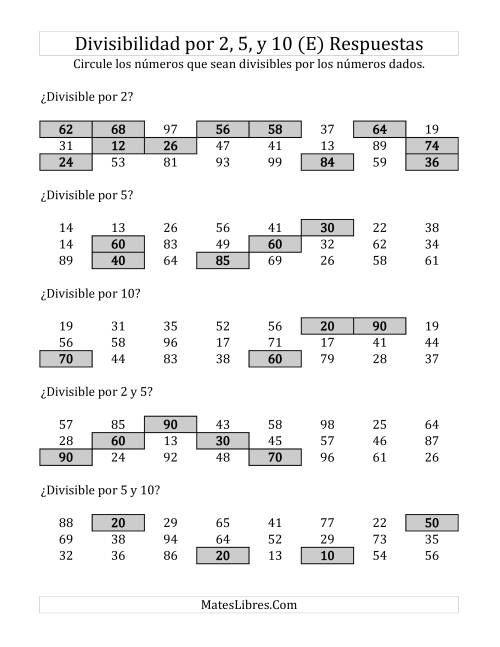 La hoja de ejercicios de Reglas de Divisibilidad por 2, 5 y 10 (E) Página 2