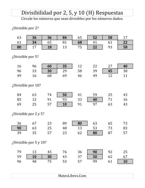 La hoja de ejercicios de Reglas de Divisibilidad por 2, 5 y 10 (H) Página 2