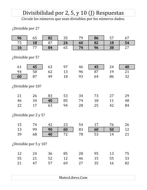 La hoja de ejercicios de Reglas de Divisibilidad por 2, 5 y 10 (J) Página 2