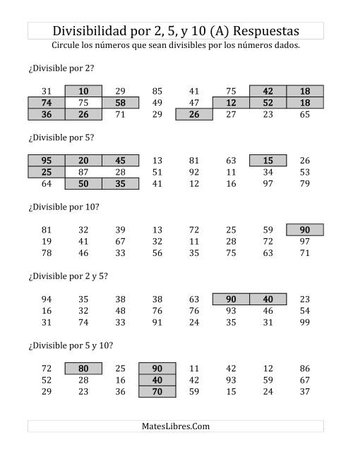 La hoja de ejercicios de Reglas de Divisibilidad por 2, 5 y 10 (Todas) Página 2