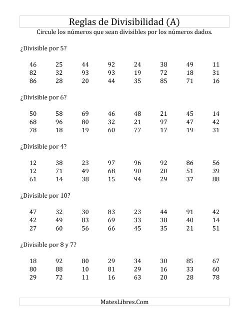 La hoja de ejercicios de Reglas de Divisibilidad por Números de 2 a 10 (A)