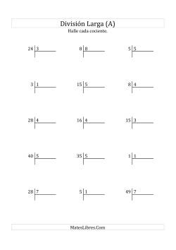 División Larga en Formato Europeo -- Divisor de 1 Dígito, Cociente de 1 Dígito, Sin Resto