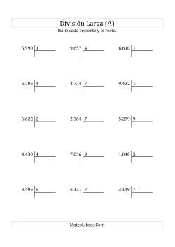 División Larga en Formato Europeo -- Divisor de 1 Dígito, Dividendo de 4 Dígitos, Con Resto