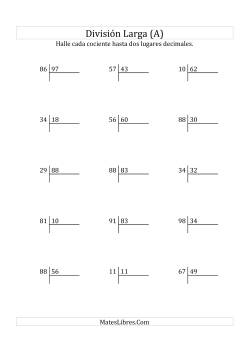 División Larga en Formato Europeo -- Divisor de 2 Dígitos, Dividendo de 2 Dígitos, Con Decimales
