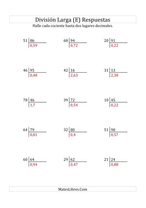 La hoja de ejercicios de División Larga en Formato Europeo -- Divisor de 2 Dígitos, Dividendo de 2 Dígitos, Con Decimales (E) Página 2