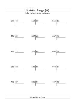 División Larga en Formato Europeo -- Divisor de 2 Dígitos, Dividendo de 3 Dígitos, Con Resto