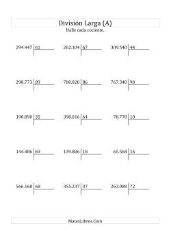 División Larga en Formato Europeo -- Divisor de 2 Dígitos, Cociente de 4 Dígitos, Sin Resto