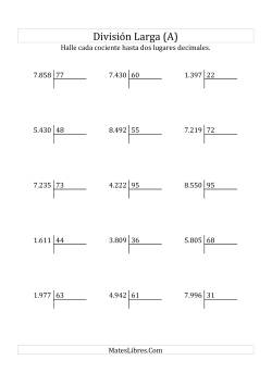 División Larga en Formato Europeo -- Divisor de 2 Dígitos, Dividendo de 4 Dígitos, Con Decimales