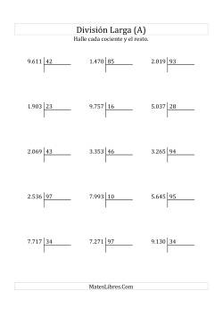 División Larga en Formato Europeo -- Divisor de 2 Dígitos, Dividendo de 4 Dígitos, Con Resto
