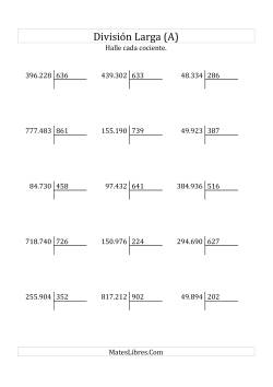 División Larga en Formato Europeo -- Divisor de 3 Dígitos, Cociente de 3 Dígitos, Sin Resto