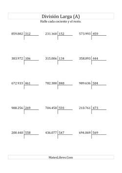 División Larga en Formato Europeo -- Divisor de 3 Dígitos, Dividendo de 6 Dígitos, Con Resto