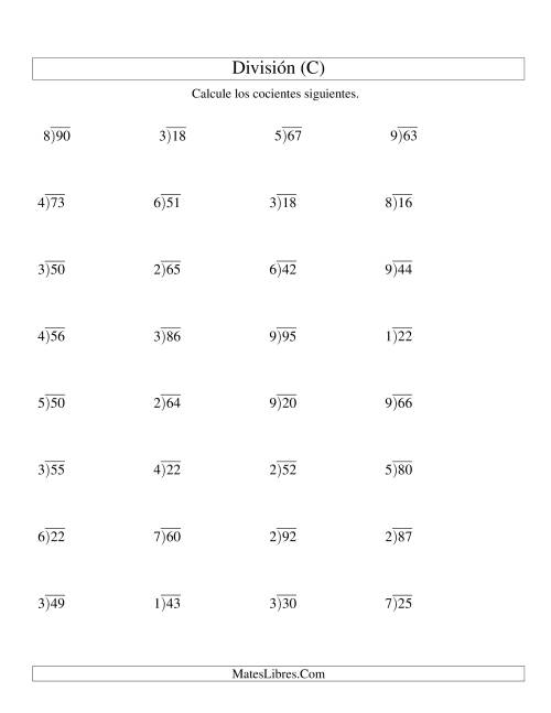 La hoja de ejercicios de División Larga con Cociente Decimal, Divisor de 1 Dígito, Dividendo de 2 Dígitos (C)