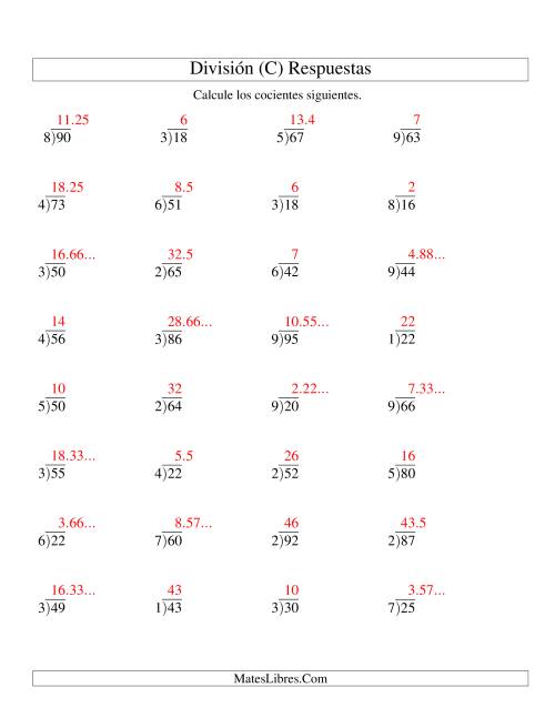 La hoja de ejercicios de División Larga con Cociente Decimal, Divisor de 1 Dígito, Dividendo de 2 Dígitos (C) Página 2