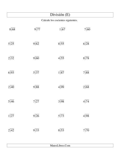 La hoja de ejercicios de División Larga con Cociente Decimal, Divisor de 1 Dígito, Dividendo de 2 Dígitos (E)
