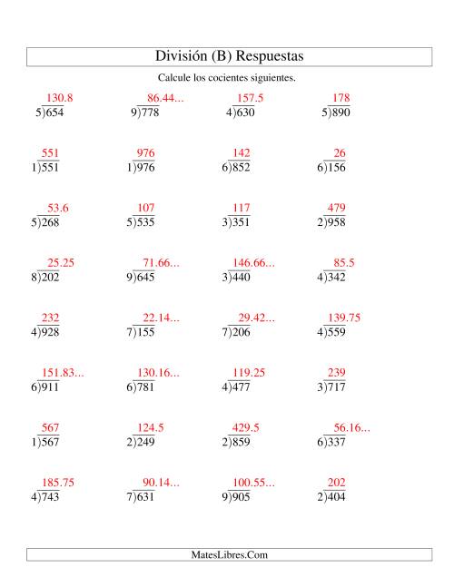 La hoja de ejercicios de División Larga con Cociente Decimal, Divisor de 1 Dígito, Dividendo de 3 Dígitos (B) Página 2