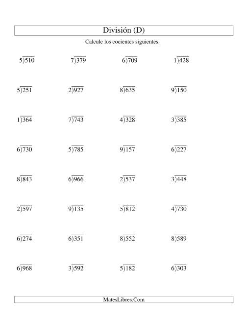 La hoja de ejercicios de División Larga con Cociente Decimal, Divisor de 1 Dígito, Dividendo de 3 Dígitos (D)