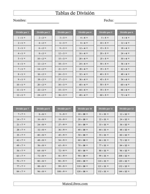 La hoja de ejercicios de Tablas de División Básicas en Gris de 1 a 12 (Respuestas Omitidas) (Gris)