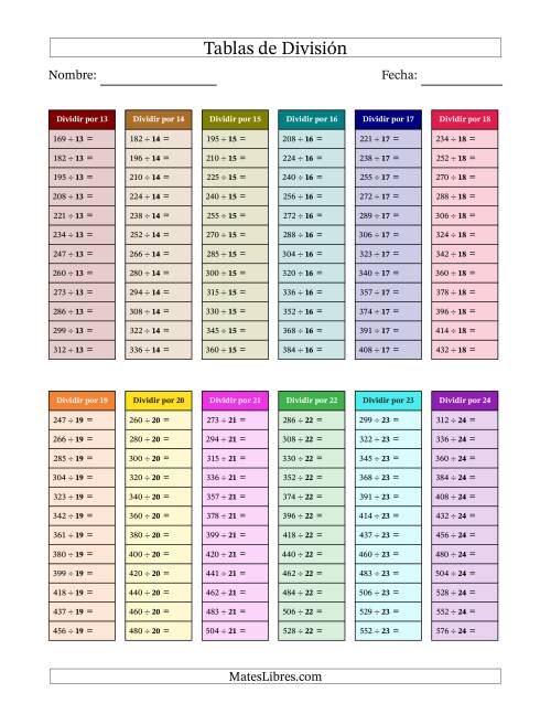 La hoja de ejercicios de Tablas de División Básicas en Color de 13 a 24 (Respuestas Omitidas)