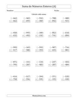 Suma de Enteros de Tres Dígitos (Organizados Verticalmente), Un Negativo Más Un Negativo