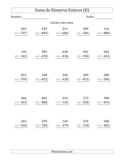 La hoja de ejercicios de Suma de Enteros de Tres Dígitos (Organizados Verticalmente), Un Positivo Más Un Negativo (H)