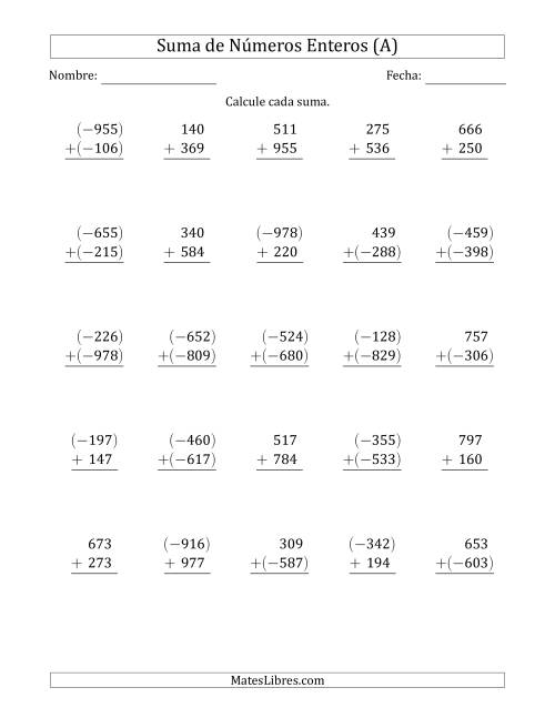 La hoja de ejercicios de Suma de Enteros de Tres Dígitos (Organizados Verticalmente) (A)
