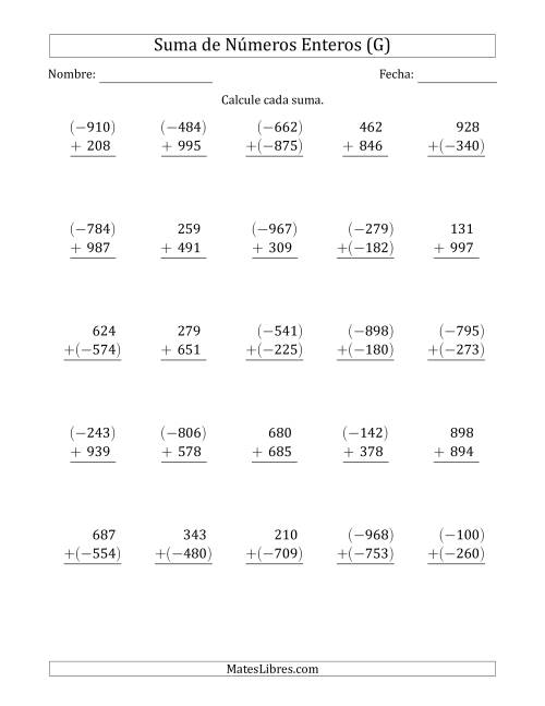 La hoja de ejercicios de Suma de Enteros de Tres Dígitos (Organizados Verticalmente) (G)