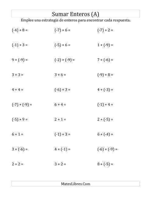 La hoja de ejercicios de Adición de Enteros -- Paréntesis Alrededor de los Números Negativos, Rango de (-9) a 9 (A)