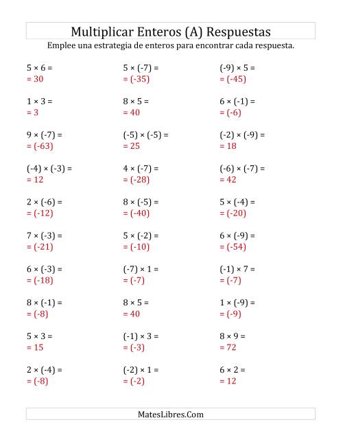 La hoja de ejercicios de Multiplicación de Enteros, Rango de (-9) a 9 (A) Página 2