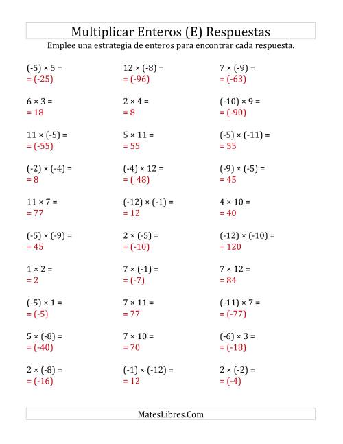 La hoja de ejercicios de Multiplicación de Enteros, Rango de (-12) a 12 (E) Página 2