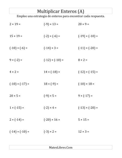 La hoja de ejercicios de Multiplicación de Enteros, Rango de (-20) a 20 (A)