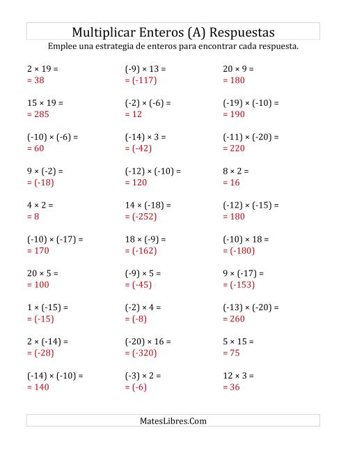 La hoja de ejercicios de Multiplicación de Enteros, Rango de (-20) a 20 (A) Página 2