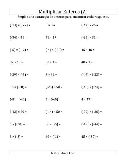 La hoja de ejercicios de Multiplicación de Enteros, Rango de (-50) a 50 (A)