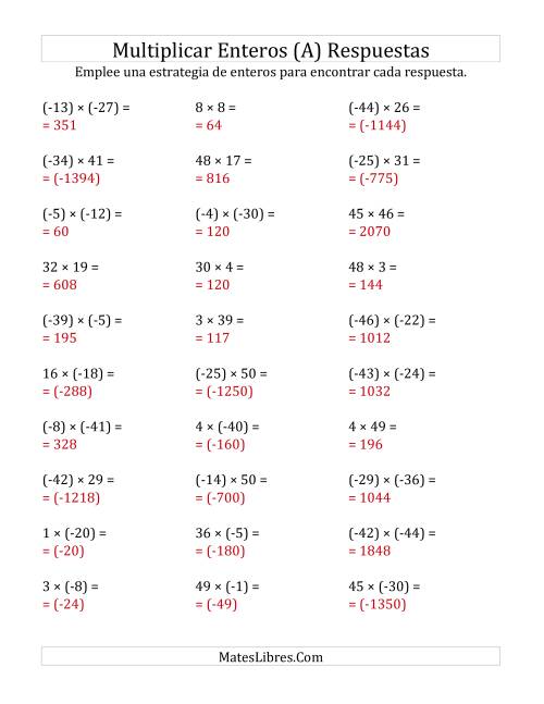 La hoja de ejercicios de Multiplicación de Enteros, Rango de (-50) a 50 (A) Página 2