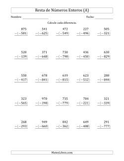 Resta de Enteros de Tres Dígitos (Organizados Verticalmente), Un Positivo Menos Un Negativo