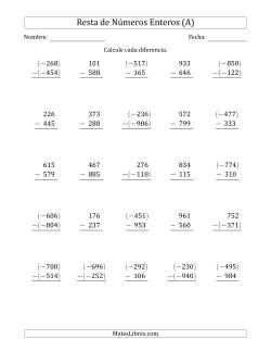 Resta de Enteros de Tres Dígitos (Organizados Verticalmente)